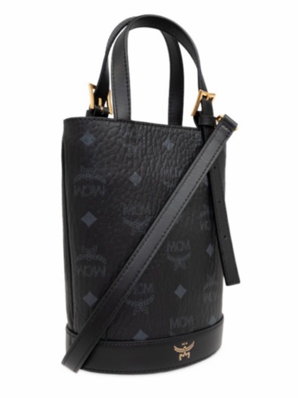 MCM Black Monogram Pebbled Leather Mini Bucket Bag with Gold Hardware - Picture 4 of 5